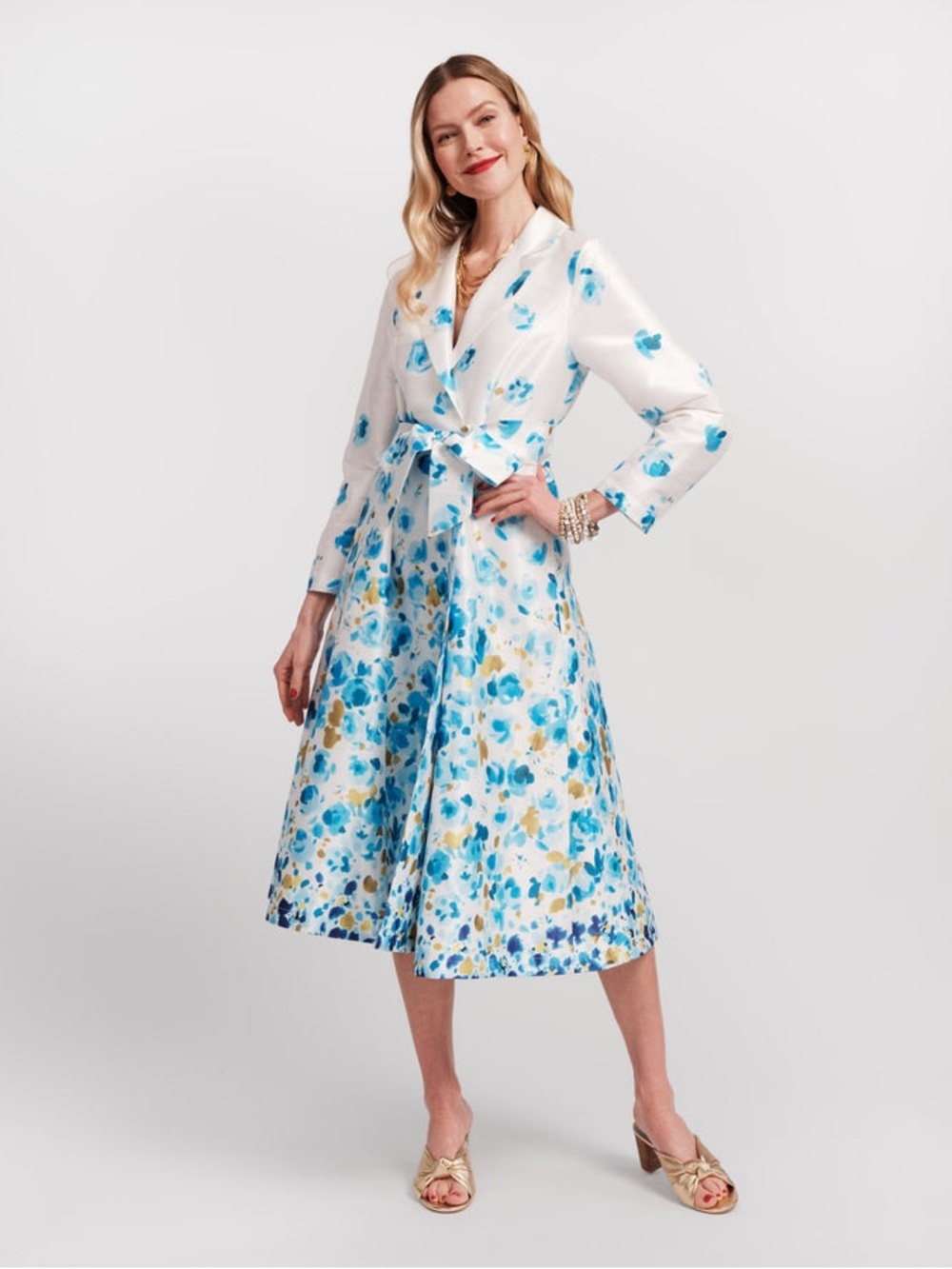 Frances Valentine Size L White Dress with Blue Floral and Gold Accents